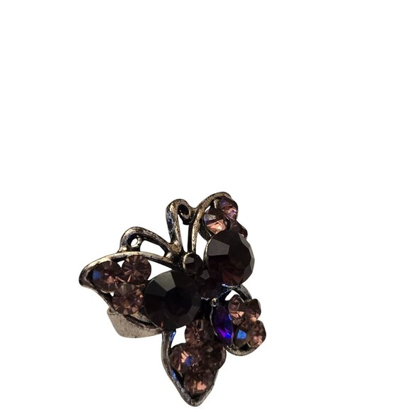 Vintage Butterfly Ring With Pink & Purple Rhinestones On Silver-Tone Band - Picture 5 of 10